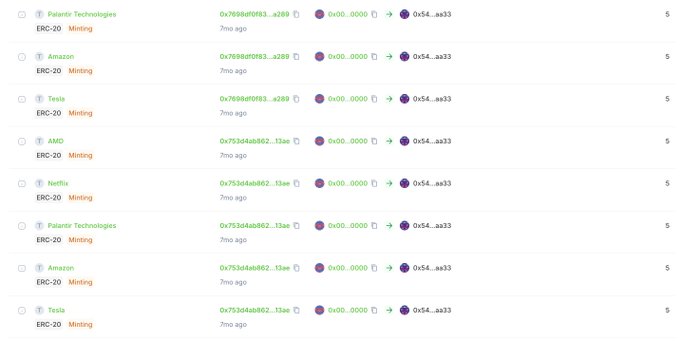 A crypto mining transaction history showing transfers from companies like Palantir Technologies, Amazon, Tesla, AMD, and Netflix to an Ethereum address (0x54...aa33) with small amounts of ETH (e.g., .a269, .13a).
