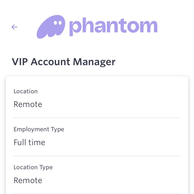 A job listing screenshot for a VIP Account Manager position at Phantom, showing details such as Remote location, Full-time employment type, and Remote location type.