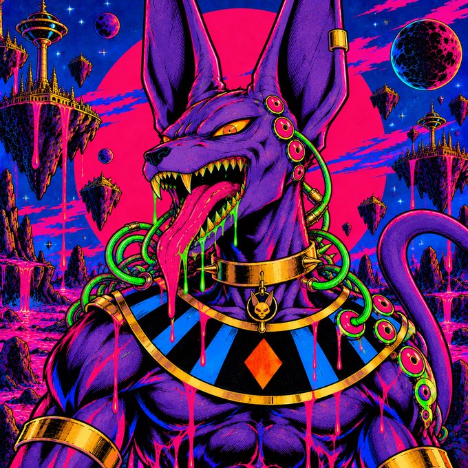 A vibrant, psychedelic illustration of the Egyptian god Anubis, featuring a jackal-headed figure with sharp teeth, a dripping fang, and golden adornments set against a surreal cosmic backdrop with floating islands, planets, and a bright pink sun.
