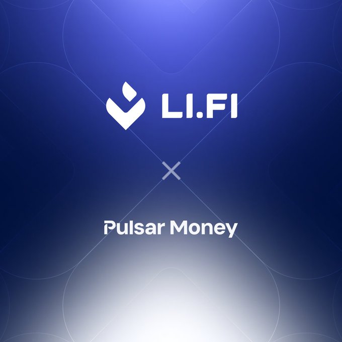 A promotional graphic on a blue gradient background with the 'LI.FI' logo above an 'X' and the text 'Pulsar Money'.