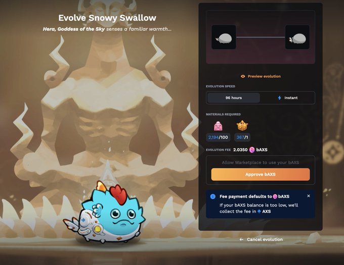 The image shows an in-game evolution screen titled "Evolve Snowy Swallow," featuring a small blue bird-like creature with a red crest, where the post's "Mystics" reference appears to be the creature being evolved. The evolution requires 2,184/100 of one material, 30/1 of another, costs 0.0350 bAXS as a fee, and can be sped up instantly instead of waiting the default 96 hours.