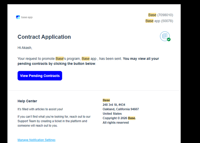 The image shows an email from Baseapp that has been sent to a user named Akshash. The email contains information about a contract application process and the status of the application's submission. It also includes a link to view the application details, which is displayed on the screen in the bottom right corner of the image.