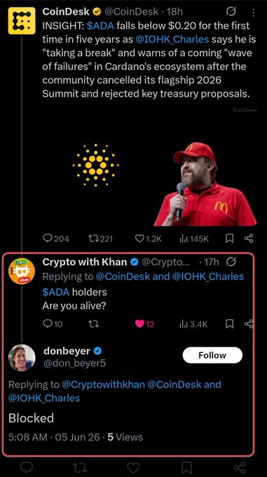 The image shows a Twitter post with a man wearing a red shirt, holding a microphone, and talking into it. Below him, there are two other posts related to cryptocurrency. The first post has an image of a yellow Bitcoin symbol, while the second post features a man in a red hat. The caption for the first post reads "ADA Cardano", which is likely related to the cryptocurrency being discussed on Twitter.