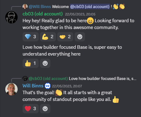 A Discord chat screenshot showing users 'Will Binns' and 'cb03 (old account)' exchanging greetings, with messages like 'Hey hey! Really glad to be here' and 'Love how builder focused Base is, super easy to understand'.