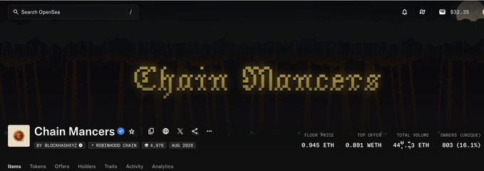 The OpenSea listing for the Chain Mancero NFT collection shows a floor price of 0.945 ETH and 803 unique owners, highlighting the popularity of the Mancer ecosystem tied to its DEX on Robinhood Chain. The image complements the post's announcement by showcasing the NFT component of the Mancer launch alongside its token and DEX features.