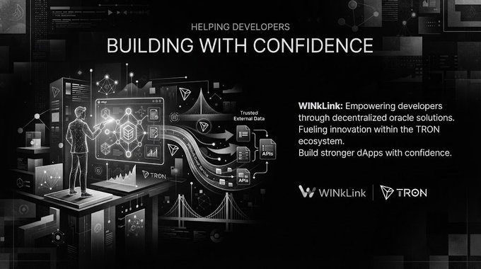 A promotional graphic reading 'HELPING DEVELOPERS BUILDING WITH CONFIDENCE' advertises WINkLink and TRON as trusted external data sources for decentralized oracle solutions.