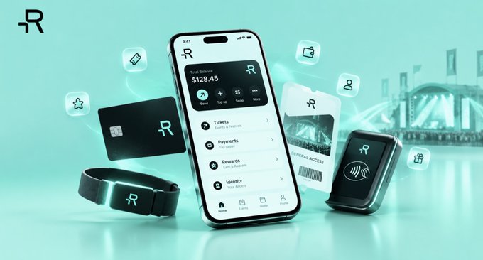 Promotional image for a mobile app and tech ecosystem featuring a smartphone displaying a financial dashboard, alongside a smartwatch, card, and payment device, set against a teal background.