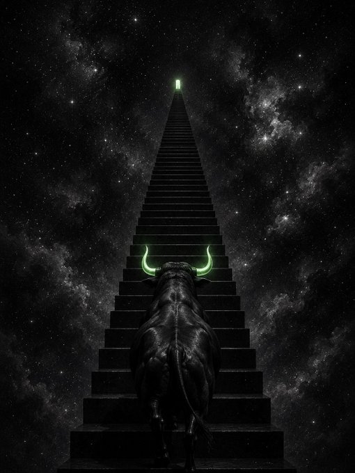A black bull with glowing green horns stands at the base of a long staircase ascending into a starry cosmos, with a green-lit doorway at the top. The image visually echoes the post's theme of "bottoming out," symbolizing the bullish reversal and upward journey of Bitcoin, Solana, and $ANSEM from market lows toward brighter horizons.