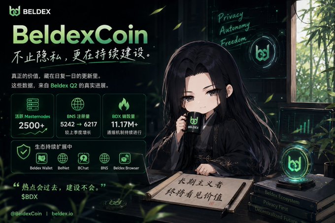 A promotional banner for BeldexCoin featuring an anime-style character drinking from a mug, with text highlighting 'Privacy, Autonomy, Freedom' and Q2 metrics including 2500+ Masternodes, 5242+6217 BNS registrations, and 11.17M+ BDX transactions.