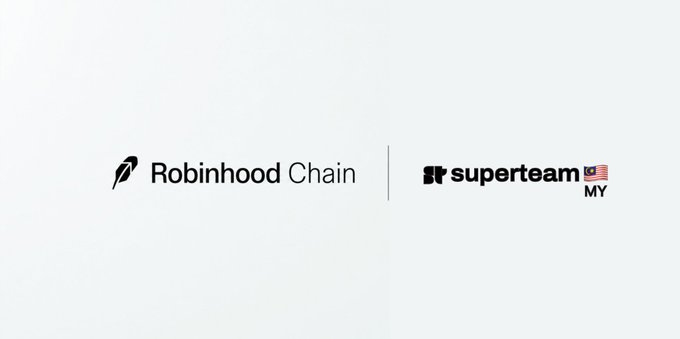 The image displays the logos of "Robinhood Chain" and "superteam MY" side by side on a white background, visually representing the partnership or migration announcement described in the post about Superteam MY following @world_xyz's move from Solana to the Robinhood Chain to build the Robinhood crypto community in Malaysia.