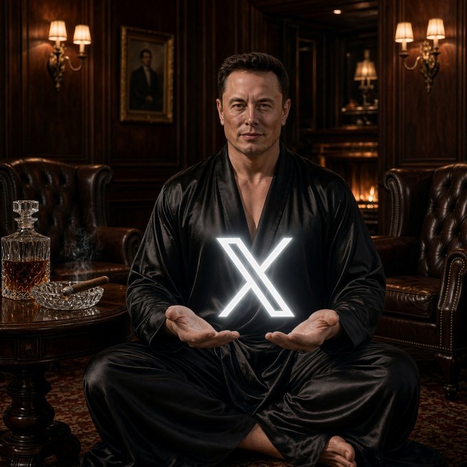 A man resembling Elon Musk sits cross-legged in a black silk robe within a dimly lit, wood-paneled lounge, cradling a glowing white "X" symbol in his palms—evoking a sense of triumph as the X platform (formerly Twitter) "won" against its critics. A decanter of amber liquor and a cigar rest on the side table, reinforcing the imagery of victorious satisfaction.