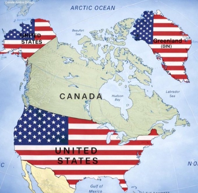 A satirical map depicting North America with the United States flag covering the U.S. and Alaska, Greenland labeled "Greenland (BN)" with the U.S. flag, and Canada labeled "CANADA" on a muted background, illustrating the post's vision of unifying the three "American" nations under one currency and renaming landmarks like the Gulf of Mexico to "Gulf of America" and Lake Ontario to "Lake America."
