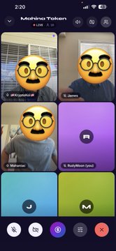 A mobile app interface for 'Makana Token' showing a video call grid with participants wearing smiley face glasses filters, with mute and end-call buttons at the bottom.