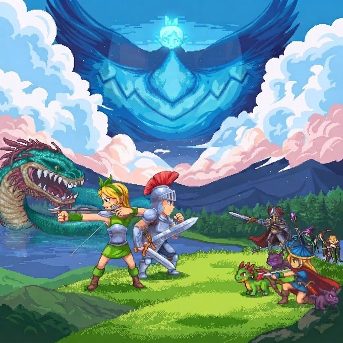 A pixel-art scene depicts an epic fantasy confrontation between a green-clad archer and armored knight facing a massive serpentine dragon, while a wizard and smaller heroes stand ready on the right, all set beneath a sky dominated by a mystical blue winged emblem—visually embodying the expansive world-building and multi-game universe that the post describes for Fabled Chronicles on the Robinhood Chain.
