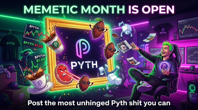 The image features a man sitting in front of a computer screen with a meme about cryptocurrency posted above him. The text "Memetic Month is officially open" is displayed at the top, indicating that the month has been officially opened for sharing memes. The post also mentions that most posts are still boring and encourages people to focus on creating engaging content related to memes, such as original memes or unhinged edits.