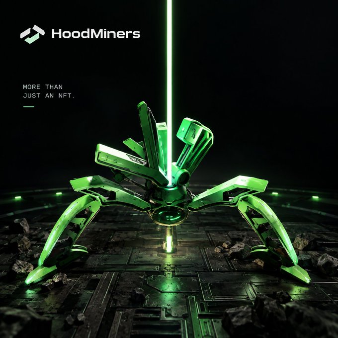 A 3D rendering of a green mechanical crab-like creature with a beam of light, branded "HoodMiners" with the tagline "MORE THAN JUST AN NFT."