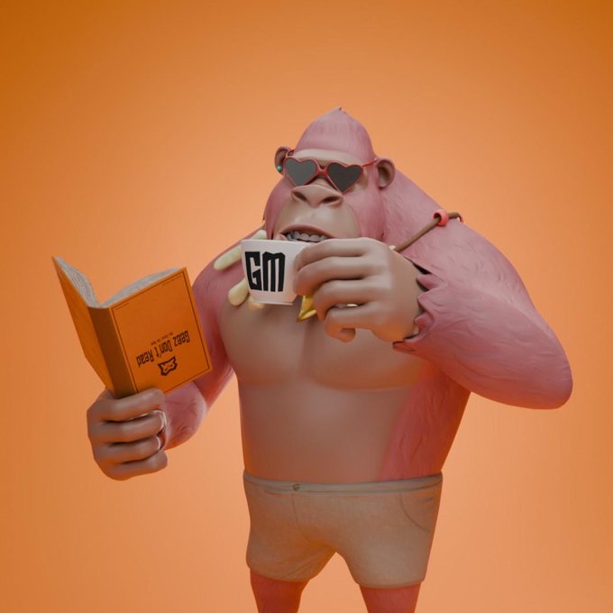 A 3D-rendered pink gorilla character wearing heart-shaped sunglasses and beige shorts, holding an orange book and drinking from a white mug that reads 'GM'.