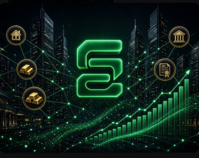 A stylized green logo with interconnected nodes and bar charts set against a backdrop of illuminated skyscrapers at night, suggesting financial growth or technology.