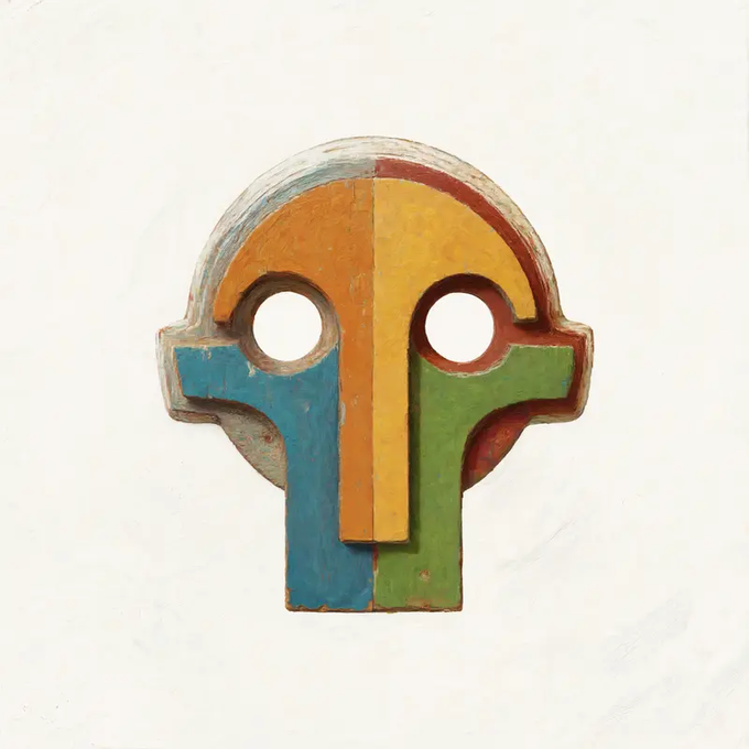 A colorful tribal-style mask painting divided into orange, yellow, blue, green, and red sections with two empty round eye holes on a white background.