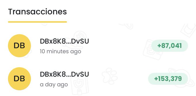 A transaction history screen titled 'Transacciones' shows two entries from 'DBx8K8...DvSU', with amounts of '+87,041' from 10 minutes ago and '+153,379' from a day ago.