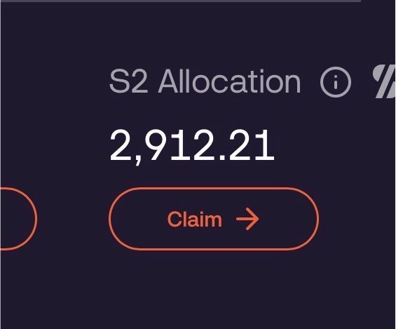 A digital dashboard displaying an S2 Allocation of 2,912.21 with an orange "Claim" button below it on a dark background.