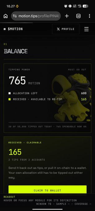 A mobile browser displays a 'MOTION' profile page with a 'TIPPING POWER' balance of 765, showing 600 allocation left and 165 received, with a green 'CLAIM TO WALLET' button.