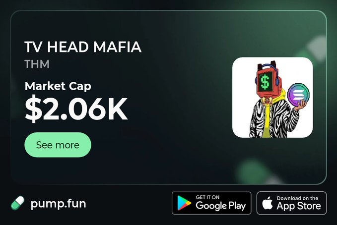 A pump.fun platform advertisement for 'TV HEAD MAFIA' (THM) showing a market cap of $2.06K, featuring an illustrated character with a TV for a head displaying a dollar sign.