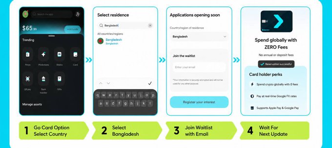 The image features an app screen that explains how to apply for a Bitget Wallet Visa Card in Bangladesh. It demonstrates the registration process by walking through step-by-step instructions using icons to represent each stage of the application, such as "Open Bitget Wallet", "Go to the Card section", and "Select Bangladesh as your country". The app also offers an option to join the waitlist for the card, which is conveniently displayed on the screen.