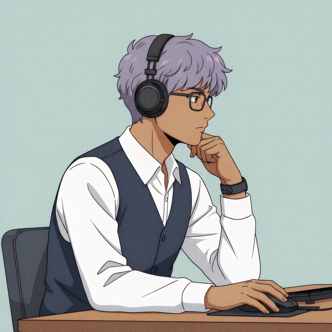 An anime-style illustration depicts a young man with purple hair and glasses wearing headphones, a white shirt, and a dark vest, sitting at a desk while using a computer mouse.