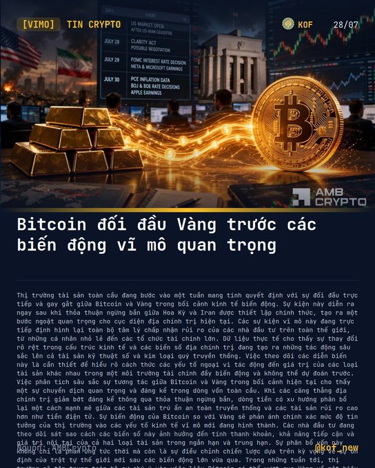 A Vietnamese crypto news graphic from AMB Crypto titled 'Bitcoin đối đầu Vàng trước các biến động vĩ mô quan trọng' (Bitcoin faces Gold amid important macroeconomic fluctuations), dated 28/07.