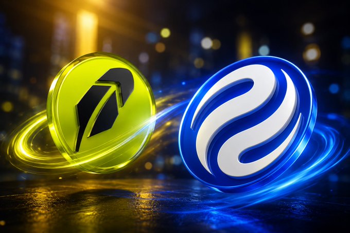 Two glowing cryptocurrency tokens, one yellow and one blue, displayed against a dark cityscape background with light trails.