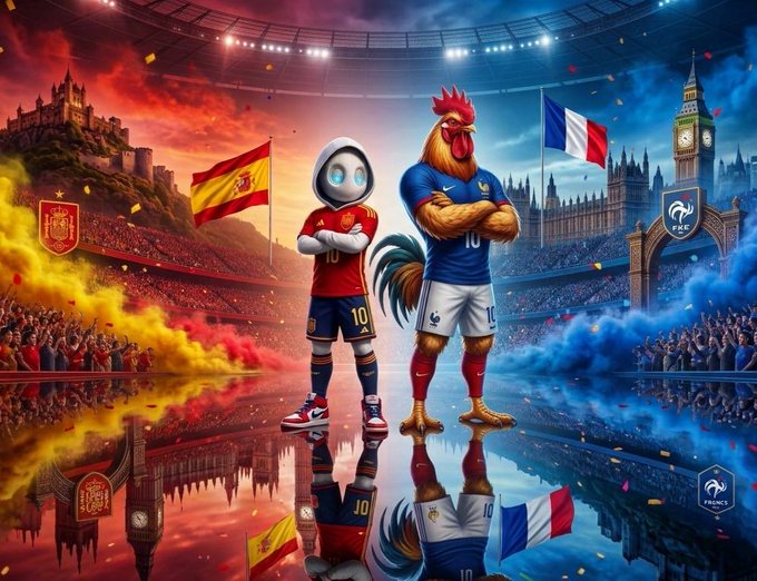 The image depicts a stylized showdown between France and Spain ahead of their match, featuring a humanoid figure in a Spain #10 jersey alongside an anthropomorphic rooster in a France #10 jersey, with the Spanish flag and landmarks on the red/left side and the French flag, Big Ben, and the Houses of Parliament on the blue/right side, all set in a packed stadium. The "10" jerseys and opposing mascots visually reinforce the France vs. Spain matchup referenced in the post, where the author is asking followers to guess the World Cup score for a chance to win $SOL.