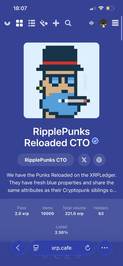 A mobile screenshot showing the 'RipplePunks Reloaded CTO' collection on xrp.cafe, featuring a pixel-art character smoking a cigar, with stats: Floor 2.0 xrp, items 10000, Total volume 221.0 xrp, Holders 63.