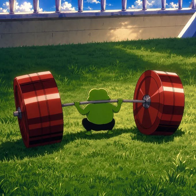 Animated frog lifting a large red barbell on a grassy field in an anime-style scene.