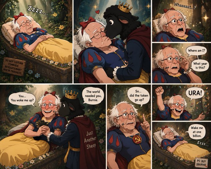 A six-panel comic strip parodying Sleeping Beauty with a Bernie Sanders-like character, featuring text such as 'Zzzz...', 'Whaaaat..?', 'DO NOT DISTURB COMRADE REVOLUTIONARY MAN IN PROGRESS', 'BURNIE', 'You... You wake me up?', 'The world needed you, Burnie.', 'Just Another Sheep', 'So... did the token go up?', 'URA!', 'Wake me at one billion.', 'Zzzz...', and 'P.S. BUY $BURNIE'.