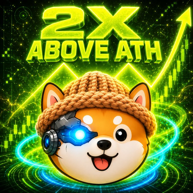 A smiling Shiba Inu mascot wearing a knit cap and glowing cybernetic eye headset is featured against a neon green background with rising charts, prominently displaying the text "2X ABOVE ATH" to represent the cryptocurrency $AWI's bullish target of doubling past its previous peak.