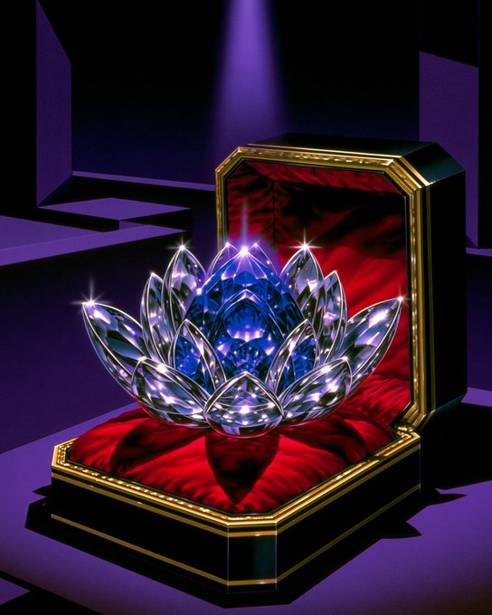 A sparkling crystal lotus sculpture with a blue gemstone center displayed inside an ornate black and gold box with red velvet lining.