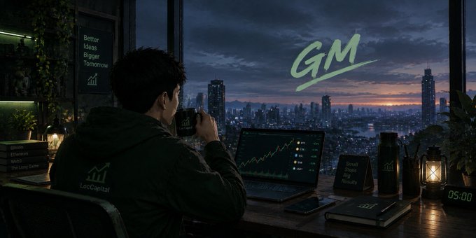 A man wearing a 'LucCapital' hoodie sits at a desk looking out a window at a city skyline at dusk, with 'GM' displayed and a laptop showing crypto charts.