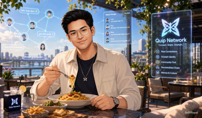 A young man eats pasta at an outdoor restaurant with floating digital interfaces showing social network connections and the Quip Network logo, watermarked "@xRiRoyal."