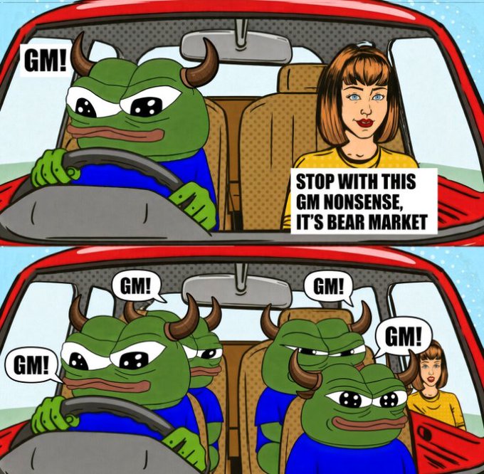A crypto-themed meme shows a bull character saying 'GM!' while a woman in the passenger seat says 'STOP WITH THIS GM NONSENSE, IT'S BEAR MARKET'; the second panel shows the car filled with bulls all saying 'GM!' as she looks shocked.