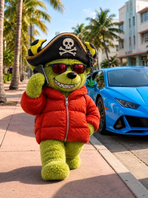A green fuzzy bear character wearing a pirate hat with skull and crossbones, red sunglasses, and a red puffer jacket, standing next to a blue Lamborghini on a palm tree-lined sidewalk.