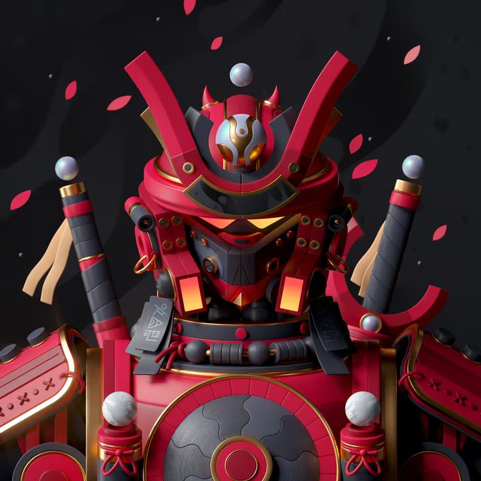 A 3D rendering of a red and black mecha or samurai-style character with a horned helmet, carrying swords on its back, set against a dark background with floating red petals.