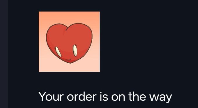 An animated heart character on a peach background with the text 'Your order is on the way' below it.
