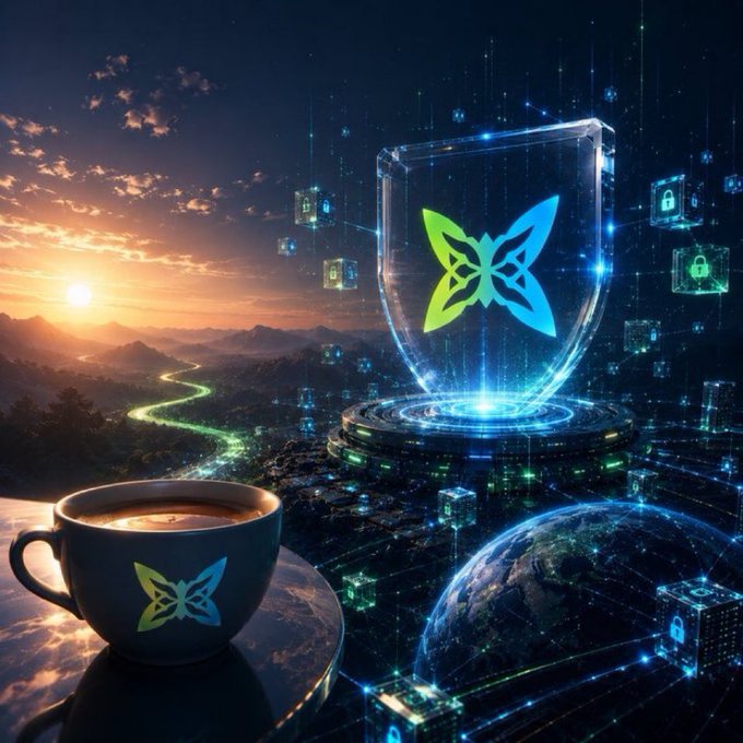A digital art piece showing a glowing shield with a butterfly logo in a futuristic cityscape at sunset, accompanied by a coffee cup with the same logo and floating lock icons symbolizing digital security.