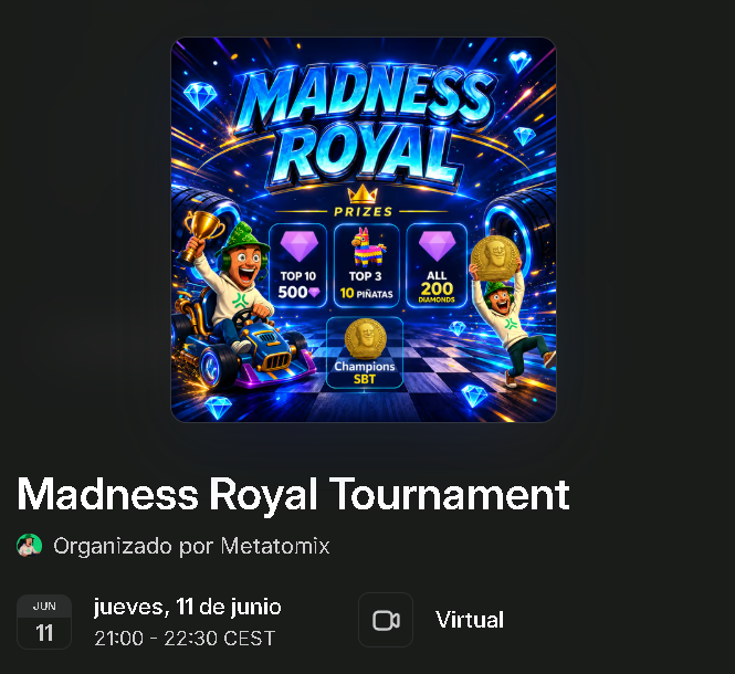 The image features a poster or advertisement for an upcoming event called "Madness Royal Tournament". The poster displays two cartoon characters, one holding a trophy and the other with a crown, surrounded by blue and purple elements that create a vibrant atmosphere. The text on the poster announces the tournament's details, including the date, time, and location of the event. Additionally, there is a link to the Abstract Chain website where attendees can sign up for the tournament or learn more about it.