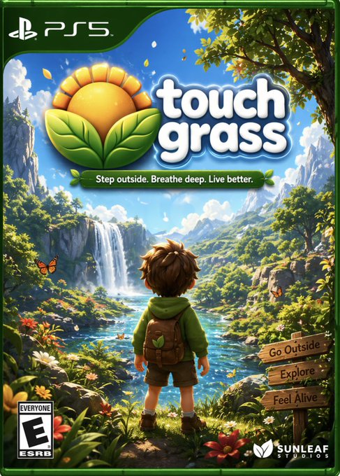 A fake PS5 game cover titled 'touch grass' by 'SUNLEAF STUDIOS' features a boy with a backpack standing before a waterfall, with the tagline 'Step outside. Breathe deep. Live better.'