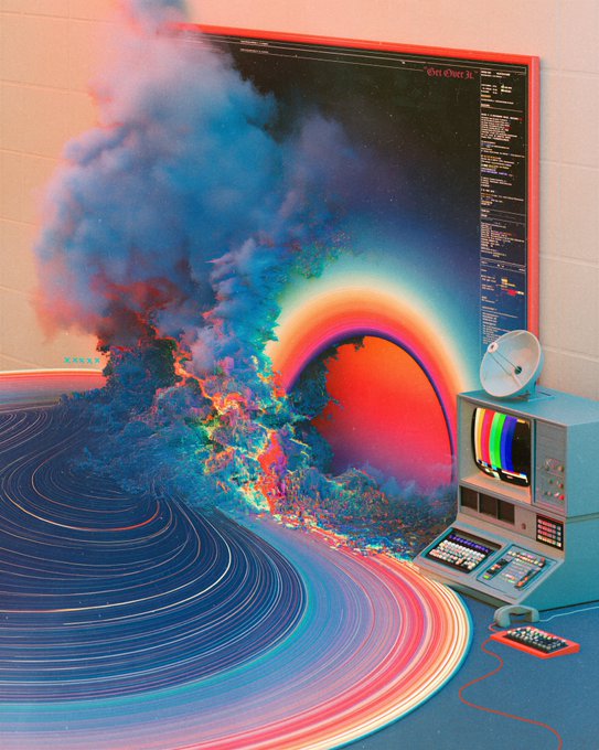 A retro-futuristic computer terminal sits on the right, displaying colorful test patterns and keyboard input, while a swirling, cosmic portal of vibrant rainbow hues erupts from a large monitor, flowing into a spiraling vortex on the floor. Faint code resembling "CHAT GPT" appears on the screen, evoking the theme of "Recursive Self Improvement"—as if an AI is endlessly generating and evolving its own visual output in a feedback loop of creative expansion.