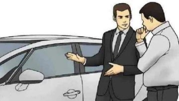 The image is a cartoon-style illustration showing a salesman in a suit gesturing toward a white car while speaking to a customer who appears to be considering a purchase. The post's enthusiastic tone about "future of finance" seems to use the car-buying metaphor playfully to suggest a major upcoming product or investment opportunity.