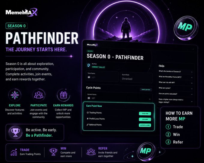 The image features a poster for a MemeMax app called "Pathfinder" with purple and green colors, which has a man standing under a starry sky. The poster includes text that reads "MemeMax Season 0 Pathfinder - The Journey Starts Here". The poster also displays icons related to the app's community participation feature, such as stars and circles representing users' interactions within the app.