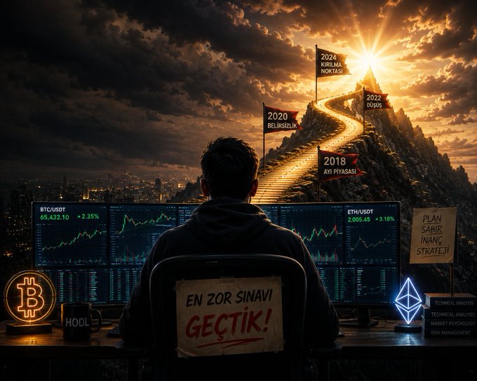 An illustration shows a person viewed from behind at a desk with cryptocurrency trading charts displaying BTC/USDT and ETH/USDT, surrounded by Bitcoin and Ethereum logos, a 'HODL' mug, and signs reading 'PLAN SABİR İNANÇ STRATEJİ', 'EN ZOR SINAVI GEÇTİK!', and flags marking 2018 'AYI PİYASASI', 2020 'BEARİŞZLİK', 2022 'DIP', and 2024 'KIRILMA NOKTASI'.